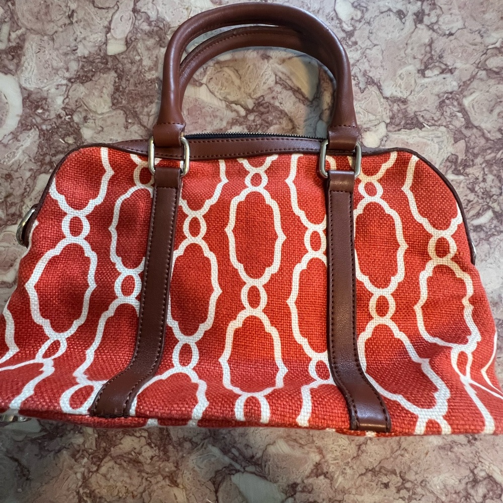 Sallie Ann Orange & Cream Geometric Pattern Linen and Leather Bag - Picture 2 of 4